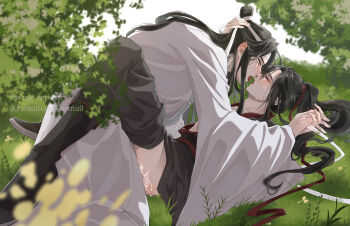2boys ahoge anal black_boots black_hair black_hanfu black_pants blurry blurry_foreground blush boots chinese_clothes closed_eyes clothed_sex clothes_pull cum cum_on_ass cum_on_body cum_on_male eye_contact french_kiss grass hair_ribbon hand_on_another's_head hanfu headband highres holding_hands implied_sex interlocked_fingers kiss kneeling koma_hase lan_wangji leaf leg_lock long_hair long_sleeves looking_at_another lying male_focus missionary modao_zushi multiple_boys on_back on_grass open_clothes open_mouth open_robe outdoors pants pants_pull penis ponytail profile purple_eyes red_ribbon ribbon robe saliva saliva_trail sex sidelocks sweat tongue tongue_out topknot tree twitter_username watermark wei_wuxian white_hanfu white_headband wide_sleeves yaoi yellow_eyes