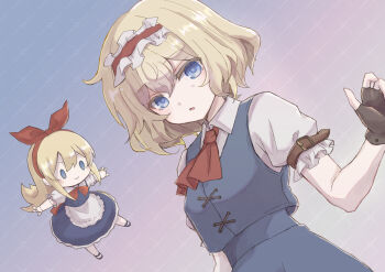 0_0 2girls :o alice_margatroid apron arm_belt ascot blonde_hair blue_dress blue_eyes blue_skirt blue_vest blush brown_gloves commentary doll doll_joints dress dutch_angle fingerless_gloves flipped_hair floating frilled_apron frilled_hairband frilled_sleeves frills gloves hairband highres ico_(engawa_roman) joints looking_at_viewer multiple_girls outstretched_arms petticoat red_ascot red_hairband shanghai_doll shirt short_hair short_sleeves skirt skirt_set smile touhou vest waist_apron white_apron white_shirt