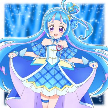 Rule 34 | 1girl, aokaze nana, aqua hair, bare shoulders, blue skirt, blue theme, blush, breasts, brooch, closed mouth, clothes lift, collarbone, commentary request, cure wink, curtsey, dress, hair ornament, headset, heart, heart brooch, highres, idol, idol clothes, idol heart brooch (precure), idol heart incom, jewelry, kimi to idol precure, lifting own clothes, long hair, looking at viewer, medium breasts, meru (mer milky77), multicolored hair, open mouth, plaid clothes, plaid skirt, plaid sleeves, precure, purple eyes, purple hair, short sleeves, skirt, skirt lift, smile, solo, strapless, strapless dress, thigh strap, very long hair