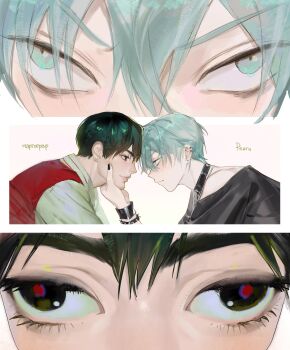 2boys alien_stage artist_collaboration black_choker black_eyes black_hair black_nails black_shirt bracelet choker commentary english_commentary forehead-to-forehead green_eyes grey_hair hair_between_eyes heads_together highres ivan_(alien_stage) jacket jewelry male_focus martographic multiple_boys red_jacket red_pupils rente_gu shirt short_hair signature spiked_bracelet spikes till_(alien_stage) very_short_hair wristband yaoi