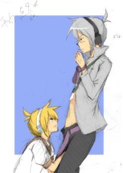 2boys bdsm bondage bound bound_wrists honne_dell kagamine_len kneeling male_focus multiple_boys open_clothes open_shirt shirt sketch undressing vocaloid yaoi