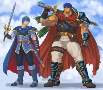 2boys alternate_muscle_size armor bara biceps blue_cape blue_eyes blue_hair boots cape commentary_request fire_emblem fire_emblem:_mystery_of_the_emblem fire_emblem:_radiant_dawn green_headband headband height_difference holding holding_sword holding_weapon ike_(fire_emblem) isodin_sf5 male_focus marth_(fire_emblem) multiple_boys muscular muscular_male nintendo over_shoulder pants pauldrons red_cape sheath shoulder_armor single_pauldron sword sword_over_shoulder two-sided_cape two-sided_fabric weapon weapon_over_shoulder