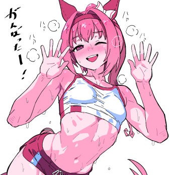 1girl ;d abs animal_ears armpits bare_arms bare_shoulders blush bow breasts collarbone commentary_request cowboy_shot dolphin_shorts dot_nose drawstring ear_bow ear_covers flower_in_eye hair_intakes half-closed_eye hands_up haru_urara_(umamusume) headband high_ponytail highres horse_ears horse_girl horse_tail leaning_forward long_hair looking_at_viewer navel one_eye_closed open_hands open_mouth pink_eyes pink_hair pink_tail ponytail red_headband red_shorts red_trim short_shorts shorts simple_background small_breasts smile solo sports_bra steaming_body stomach sweat symbol_in_eye tail teeth toned toned_female translation_request umamusume upper_teeth_only very_sweaty white_background white_bow white_sports_bra yaki_apple