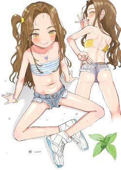 1girl ass blush brown_hair cutoffs dated denim denim_shorts fellatio_gesture highres jewelry legs loli long_hair looking_back masuda_(yousaytwosin) mesugaki multiple_views navel necklace one_side_up open_mouth original shiny_skin shoes short_shorts shorts side_ponytail simple_background sitting smile sneakers stomach strapless tongue tongue_out tube_top white_background yellow_eyes