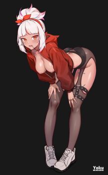 1girl ass black_background breasts breasts_out fefe_(vtuber) hands_on_own_knees highres indie_virtual_youtuber jacket leaning_forward legs nipples open_clothes open_jacket open_mouth orange_eyes pink_hair red_jacket rer_goku shoes sneakers tattoo thick_thighs thighhighs thighs tongue_chain white_hair white_shoes