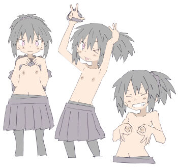 1girl bad_id bad_pixiv_id black_hair closed_eyes female_focus flat_chest grin highres loli masikakuma nipples one_eye_closed original pleated_skirt ponytail sequential simple_background skirt smile solo tongue tongue_out topless_female white_background