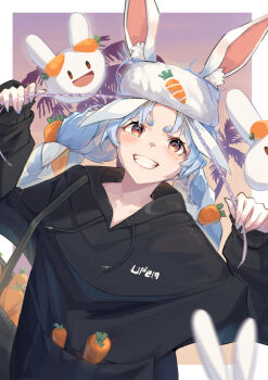 Rule 34 | 1girl, absurdres, animal ears, black hoodie, blue hair, braid, carrot, carrot print, don-chan (usada pekora), food print, grin, highres, hololive, hood, hoodie, imaneruzo, multicolored hair, orange eyes, rabbit ears, rabbit girl, smile, solo, teeth, twin braids, two-tone hair, usada pekora, virtual youtuber, white hair