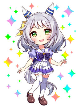 1girl animal_ears blush bow bowtie breasts chibi chibi_only collarbone commentary_request ear_covers full_body green_eyes grey_hair highres hishi_miracle_(umamusume) horse_ears horse_girl horse_tail looking_at_viewer medium_breasts medium_hair open_mouth pleated_skirt puffy_short_sleeves puffy_sleeves purple_bow purple_bowtie purple_shirt sailor_collar sailor_shirt school_uniform shirt shoes short_sleeves skirt smile solo sugimotty_nova tail thighhighs tracen_school_uniform umamusume white_sailor_collar white_skirt white_thighhighs zettai_ryouiki