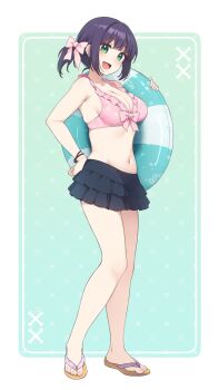 1girl :d bare_shoulders bikini black_hair black_skirt blush border bow breasts brown_sandals cleavage commentary flip-flops frilled_bikini frills green_background green_eyes hair_bow hand_on_own_hip hand_up highres holding holding_swim_ring innertube layered_skirt looking_at_viewer low_ponytail medium_breasts nagami_yuu nail_polish navel open_mouth original pink_bikini pink_bow pink_nails pleated_skirt ponytail sandals sidelocks skirt smile solo swim_ring swimsuit symbol-only_commentary toenail_polish toenails white_border