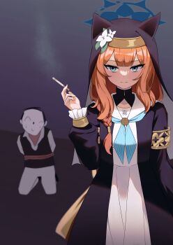 1boy 1girl absurdres animal_ear_headwear black_veil blue_archive blue_eyes blue_halo blue_neckerchief bound bound_arms braid broken_halo cigarette closed_mouth dark_persona doodle_sensei_(blue_archive) fake_animal_ears flower frilled_sleeves frills hair_flower hair_ornament halo highres holding holding_cigarette kneeling leaf leaf_hair_ornament long_hair long_sleeves mari_(blue_archive) neckerchief nun orange_hair pants rope sensei_(blue_archive) serious side_braid single_braid smoke sweat tsurime veil white_flower white_pants yungun_(dbsrjsdn0330)