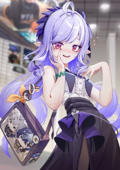 Rule 34 | 1girl, absurdres, bag, belle (zenless zone zero), black nails, black pantyhose, black skirt, blush, bracelet, breasts, center frills, character doll, commentary, cosplay, doll, drill hair, eous (zenless zone zero), eous (zenless zone zero) (cosplay), frills, hairband, hands up, heart, highres, indoors, jelmul, jewelry, long hair, looking at viewer, medium breasts, mole, mole under eye, multicolored hair, open mouth, pantyhose, pointy ears, purple hair, purple hairband, red eyes, shirt, shoulder bag, skirt, sleeveless, sleeveless shirt, solo, streaked hair, vivian banshee, white hair, white shirt, wise (zenless zone zero), zenless zone zero