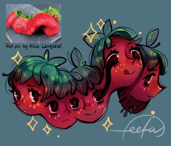 colored_skin conjoined feefal food freckles fruit green_hair highres leaf leaf_on_head monster_girl original plant_girl procreate_(medium) red_skin seed strawberry tongue tongue_out vivipary