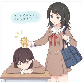 Rule 34 | 2girls, bag, bang dream!, black hair, blue eyes, blush, border, brown dress, brown hair, collarbone, commentary request, crossed arms, desk, dress, drink carton, green border, hair between eyes, highres, holding, holding drink carton, long hair, long sleeves, mimori (mimori 05), multiple girls, outside border, parted lips, purple eyes, sailor collar, sailor dress, school bag, school desk, school uniform, shiina taki, short dress, shoulder bag, sidelocks, simple background, sitting, translation request, white background, white sailor collar, yahata umiri