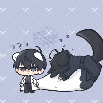 2boys ? ?? animal_ears black_coat black_eyes black_hair black_shirt cat_ears cat_tail coat collared_shirt commentary double-parted_bangs expressionless full_body hair_between_eyes highres kemonomimi_mode kim_dokja kimidori_22 lying male_focus mouse_ears mouse_tail multiple_boys omniscient_reader&#039;s_viewpoint on_stomach open_clothes open_coat popped_collar shirt short_hair sleeping standing symbol-only_commentary tail white_coat yoo_joonghyuk zzz