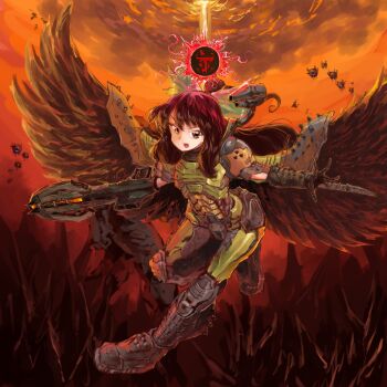 1girl arm_cannon armor armored_boots bird_wings boots bow breastplate brown_eyes brown_hair cacodemon cloud cloudy_sky combat_knife cosplay crossover doom_(series) doomguy doomguy_(cosplay) fishnets floating full_body gauntlets green_bow hair_bow highres knife long_hair looking_at_viewer open_mouth radiation_symbol reiuji_utsuho shoulder_armor shoulder_cannon sky smile solo_focus sunnysideup touhou v-shaped_eyebrows very_long_hair weapon wings