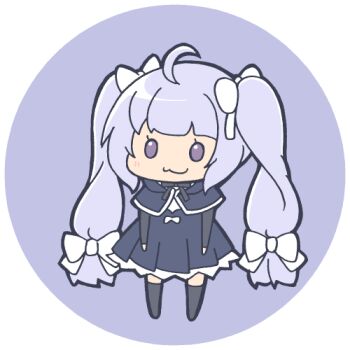 1girl :3 ahoge arms_at_sides assault_lily black_ribbon black_skirt black_thighhighs blunt_bangs blush bow chibi closed_mouth commentary cropped_jacket full_body grey_hair hair_bow high-waist_skirt long_hair long_sleeves lowres masaki_itsuki miriam_hildegard_von_gropius neck_ribbon purple_background purple_eyes ribbon round_image school_uniform simple_background skirt smile solo standing thighhighs transparent_background twintails very_long_hair white_bow yurigaoka_girls_academy_school_uniform