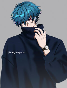 Rule 34 | 1boy, alternate costume, bespectacled, black sweater, blue hair, brant (wuthering waves), closed mouth, commentary, earrings, glasses, grey background, hair between eyes, hand up, highres, jewelry, looking at viewer, male focus, multicolored hair, pink eyes, round eyewear, sae naiyatsu, short hair, simple background, smile, solo, streaked hair, sweater, turtleneck, turtleneck sweater, twitter username, watch, wristwatch, wuthering waves