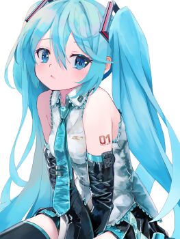 1girl absurdres aqua_eyes aqua_hair aqua_trim bare_shoulders between_legs black_skirt black_sleeves blush boots breasts closed_mouth collared_shirt detached_sleeves frilled_shirt frills grey_shirt hair_between_eyes hair_ornament hand_between_legs hatsune_miku highres long_hair long_sleeves looking_at_viewer medium_breasts miniskirt pleated_skirt shirt simple_background sitting skirt sleeveless sleeveless_shirt solo takepon1123 thighs tie_clip twintails very_long_hair vocaloid white_background white_shirt