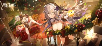 2girls absurdres aether_gazer artist_request black_flower black_shoes blue_eyes bow box breasts brown_hair candle character_request christmas_ornaments christmas_tree cleavage closed_mouth commentary cup english_commentary flower gift gift_box glasses grey_hair hat highres holding holding_cup lips long_hair long_sleeves multiple_girls official_art pom_pom_(clothes) purple_nails red_bow red_hat ribbon santa_costume santa_hat semi-rimless_eyewear shadow shoes stairs white_bow yellow_flower yellow_ribbon