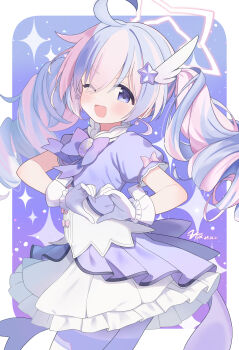 1girl :d ahoge artist_name blue_archive bow chinese_commentary commentary_request dated dress drill_hair gloves hair_ornament halo heart heart_hands highres multicolored_hair one_eye_closed open_mouth pantyhose pink_hair pink_halo puffy_short_sleeves puffy_sleeves purple_bow purple_eyes purple_hair purple_pantyhose reisa_(blue_archive) reisa_(magical)_(blue_archive) revision short_sleeves signature smile solo star_(symbol) star_hair_ornament star_halo striped_clothes striped_pantyhose twin_drills twintails two-tone_hair vertical-striped_clothes vertical-striped_pantyhose white_gloves wing_hair_ornament zcx
