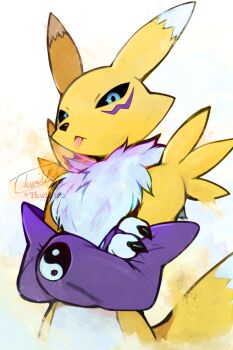 Rule 34 | black sclera, blue eyes, body fur, colored sclera, crossed arms, digimon, digimon (creature), highres, kitsune, renamon, signature, simple background, solo, thwillartz, tongue, tongue out, twitter username, upper body, white background, yellow fur