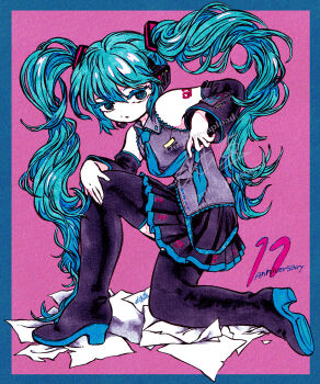 1girl aqua_eyes aqua_hair arm_tattoo boots collared_shirt colored_eyelashes commentary_request detached_sleeves hand_on_own_knee hatsune_miku high_heel_boots high_heels highres long_hair looking_to_the_side necktie on_one_knee paper parted_lips pink_background pleated_skirt shirt skirt sleeveless sleeveless_shirt solo tattoo thigh_boots tie_clip twintails vocaloid wavy_hair yamakita_higashi