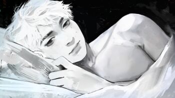 1boy aegyo_sal angela_he black_background game_cg greyscale head_on_pillow highres i_woke_up_next_to_you_again large_variant_set looking_at_viewer lying male_focus monochrome non-web_source official_art on_side painterly pillow short_hair simple_background toned toned_male under_covers upper_body variant_set white_hair