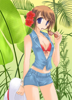 1girl 2000s_(style) arm_behind_back bad_id bare_arms bare_shoulders bikini blue_eyes blue_jacket blue_shorts bob_cut bracelet breasts brown-framed_eyewear brown_hair cleavage collarbone cowboy_shot denim denim_jacket denim_shorts fingerless_gloves flower foliage gloves gold_bracelet gradient_background green_background hair_flower hair_ornament hat hibiscus holding holding_removed_eyewear holding_unworn_clothes holding_unworn_hat jacket jewelry lapels leaf_hair_ornament legs_apart looking_at_viewer midriff miyabi_juri navel notched_lapels orange-tinted_eyewear original palm_leaf parted_lips photoshop_(medium) red_bikini red_flower short_hair short_shorts shorts sleeveless sleeveless_jacket sun_hat sunglasses swimsuit tinted_eyewear unworn_eyewear unworn_hat unworn_headwear white_hat