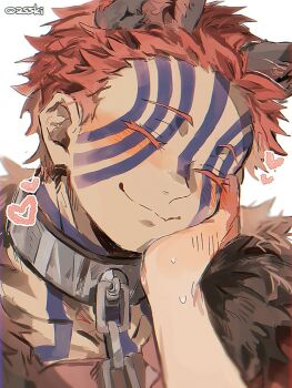 1boy akaza_(kimetsu_no_yaiba) animal_ears blue_tattoo blush chain facial_tattoo fur_trim hand_on_another&#039;s_cheek hand_on_another&#039;s_face heart highres kimetsu_no_yaiba male_focus pink_hair short_hair simple_background solo_focus spiked_hair sski_0 sweat tattoo twitter_username white_background