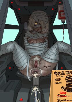 1girl absurdres after_anal anal_hair anus armored_core armored_core_vi:_fires_of_rubicon bandages bdsm blood blood_bag blush body_writing bondage bound breasts clitoris commentary cum cum_in_ass cumdump dark-skinned_female dark_skin ebonyxh english_commentary english_text female_focus female_pubic_hair freckles gaping hair_over_one_eye highres indoors nipples one_eye_covered open_mouth prostitution pubic_hair pussy restrained ringed_eyes rolling_eyes short_hair small_breasts eylin_eyla_(ebonyxh) solo spread_legs steaming_body sweat tally uncensored very_sweaty white_hair white_pubic_hair yellow_eyes