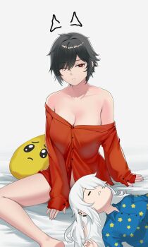 2girls =_= bare_legs bare_shoulders black_hair blue_shirt breasts bright_pupils buttons catherine_(sedai) cleavage closed_eyes collared_shirt commentary drawn_ears drooling ear_piercing emoji english_commentary feet_out_of_frame fingernails hair_over_one_eye highres lap_pillow large_breasts long_hair looking_at_viewer lying messy_hair mouth_drool multiple_girls on_back one_eye_closed oversized_clothes oversized_shirt pajamas piercing pleading_face_emoji red_eyes red_shirt sedai shirt short_hair single_tear sitting sleeping sleepy star_(symbol) white_background white_hair white_pupils z-chan_(milim_nova)