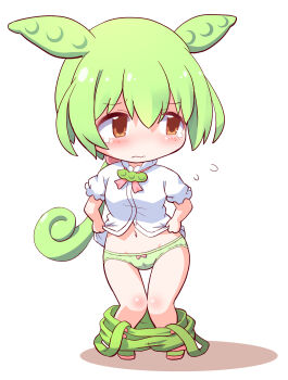 1girl animal_ears blush bow bow_panties brown_eyes cameltoe chibi clothes_lift clothes_pull crotch_seam embarrassed flat_chest flying_sweatdrops gerotan green_hair green_panties green_shoes green_shorts loli long_hair looking_to_the_side low_ponytail midriff navel neck_ribbon panties pea_pod pink_bow pink_ribbon ponytail puffy_sleeves rabbit_ears rabbit_girl ribbon shirt shirt_lift shoes short_sleeves shorts shorts_pull standing suspender_shorts suspenders tears underwear voicevox white_background white_shirt zundamon