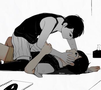 Rule 34 | 2boys, antenna hair, arm up, artist name, black eyes, black hair, black socks, black sweater vest, bright pupils, brown shorts, collared shirt, colored skin, commentary, dual persona, english commentary, highres, kneehighs, looking at another, lying, maisani, male focus, multiple boys, omori, on back, parted lips, shirt, short hair, short sleeves, shorts, sketchbook, socks, something (omori), striped clothes, striped shorts, sweater vest, tissue, tissue box, vertical-striped clothes, vertical-striped shorts, white pupils, white shirt, white shorts, white skin