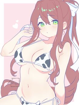 1girl absurdres animal_print bare_shoulders bikini blush bow breasts brown_hair cleavage collarbone commentary cow_print cow_print_bikini doki_doki_literature_club green_eyes hair_between_eyes hair_bow hair_ribbon hand_up heart highres long_hair looking_at_viewer monika_(doki_doki_literature_club) navel noire_neige pink_bow ponytail print_bikini ribbon side-tie_bikini_bottom sidelocks simple_background solo stomach swimsuit very_long_hair white_bow white_ribbon