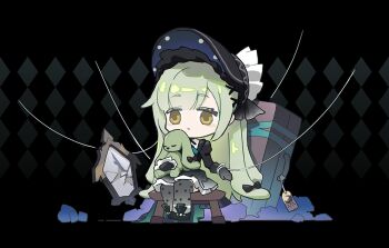 Rule 34 | 1girl, animal ears, argyle background, arknights, bang dream!, bang dream! it's mygo!!!!!, black background, black bonnet, black bow, black dress, black gloves, bonnet, bow, chibi, chinese commentary, closed mouth, commentary request, crescent, dress, expressionless, floppy ears, full body, gloves, gothic lolita, green hair, hair ornament, holding, holding stuffed toy, lolita fashion, long hair, long sleeves, looking at viewer, on stool, puppet strings, rabbit ears, rabbit girl, sidelocks, sitting, solo, stuffed animal, stuffed rabbit, stuffed toy, suitcase, wakaba mutsumi, wakaba mutsumi (marionette's id), x hair ornament, yellow eyes, zhe luo