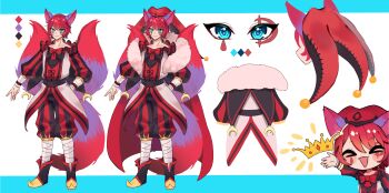 1boy absurdres animal_ears biyon_tran blue_eyes boots closed_mouth color_guide commentary english_commentary facial_mark fox_boy fox_ears fox_tail highres indie_virtual_youtuber jester_enrel_(vtuber) looking_at_viewer male_focus multicolored_boots multiple_views open_mouth pants red_hair red_pants red_shirt reference_sheet shirt short_hair smile striped_clothes striped_pants striped_shirt swept_bangs tail teardrop_facial_mark vertical-striped_clothes vertical-striped_shirt virtual_youtuber