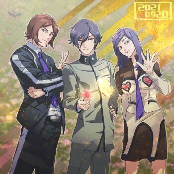 1girl 2boys amano_maya belt_buckle black_hair black_jacket black_pants blazer brown_eyes brown_hair brown_skirt buckle bug butterfly collared_shirt earrings flower gakuran glowing_butterfly grey_jacket grey_pants hand_on_own_hip highres holding holding_flower insect jacket jewelry looking_at_viewer multiple_boys necktie pants persona persona_1 persona_2 persona_2_batsu persona_2_tsumi purple_eyes purple_necktie school_uniform seven_sisters_high_school_uniform shirt short_hair skirt smile st._hermelin_school_uniform suou_tatsuya tori_(bromaticbrotrap) toudou_naoya v waving white_shirt yellow_butterfly