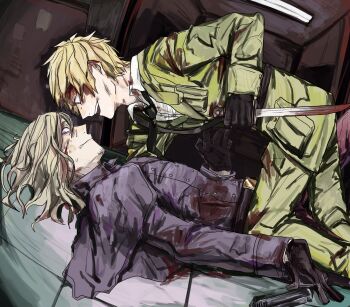 Rule 34 | 2boys, axis powers hetalia, belt, black belt, black gloves, black necktie, blonde hair, blood, blood in hair, blood on clothes, blood on face, bloody weapon, breast pocket, buttons, capelet, closed mouth, collared shirt, crazy, crazy eyes, crazy smile, dagger, feet out of frame, fighting, floor, france (hetalia), gloves, green eyes, green jacket, green pants, hair between eyes, hand up, highres, holding, holding dagger, holding knife, holding weapon, indoors, jacket, kiguchi05, knife, lamp, lapels, leather, leather gloves, long sleeves, looking at another, looking down, lying, male focus, military, military jacket, military uniform, multiple boys, necktie, nervous, nervous smile, nervous sweating, on back, open mouth, pants, pocket, purple capelet, purple eyes, purple jacket, red pants, shirt, short hair, smile, sweat, teeth, united kingdom (hetalia), wavy hair, weapon, white shirt