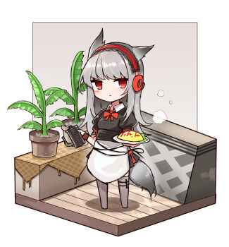 1girl animal_ears arknights coffee_pot food frostleaf_(arknights) grey_hair headphones highres maid omelet omurice plant red_eyes shidoh279 solo tagme tail vase wooden_floor
