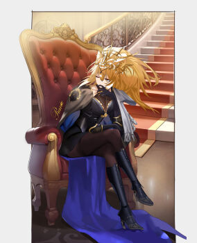 1girl absurdres animal_ears arknights artist_name black_boots black_cape black_gloves blonde_hair boots border brown_pantyhose cape chinese_commentary closed_mouth commentary_request crossed_legs elbow_gloves fringe_trim full_body gloves gold grey_border hair_between_eyes hand_on_own_chin handrail high_heel_boots high_heels highres indoors jewelry knee_boots long_hair looking_to_the_side one_eye_closed outside_border pantyhose pendant purple_cape remico siege_(arknights) sitting sitting_on_throne solo stairs throne train_(clothing) two-sided_cape two-sided_fabric vina_victoria_(arknights) yellow_eyes