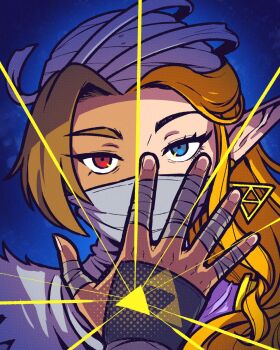 1girl akairiot androgynous bandages blonde_hair blue_eyes braid dark_skin dual_persona earrings gloves hand_up hat highres jewelry long_hair looking_at_viewer mask multiple_girls nintendo pointy_ears princess_zelda red_eyes reverse_trap sheik short_hair super_smash_bros. surcoat the_legend_of_zelda the_legend_of_zelda:_ocarina_of_time triforce