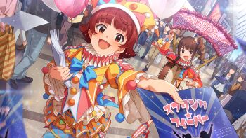 2girls blue_bow blue_bowtie bow bowtie brown_eyes brown_hair commentary_request day drill_hair drumsticks drunk faceless faceless_female faceless_male flyer foreshortening game_cg hat holding holding_drumsticks holding_flyer idolmaster idolmaster_million_live! idolmaster_million_live!_theater_days jester_cap jester_costume long_sleeves multiple_girls nonohara_akane official_art open_mouth outdoors red_hair short_hair side_drill standing third-party_source