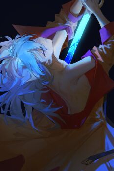 1boy alien_888 arched_back bare_back bare_shoulders black_background blood bloody_weapon blue_hair closed_eyes coat facing_away glowing glowing_sword glowing_weapon highres holding holding_sword holding_weapon impaled injury leaning_back male_focus open_clothes open_coat orange_coat partially_undressed self-harm seppuku sleeves_rolled_up stab sword weapon yu-gi-oh! yu-gi-oh!_go_rush!! yudias_velgear