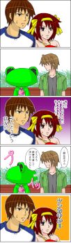 Rule 34 | 1girl, 2boys, animal costume, casual, comic, endless eight, frog, frog costume, koizumi itsuki, kyon, long image, multiple boys, suzumiya haruhi, suzumiya haruhi no yuuutsu, tall image, tokiomi tsubasa, translation request