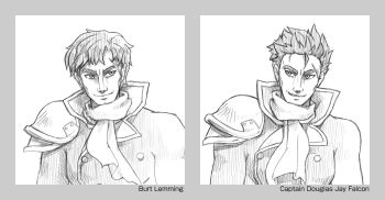 2boys armor border buttons character_name closed_mouth collared_bodysuit double-breasted dual_persona f-zero f-zero_falcon_densetsu grey_border greyscale happy high_collar lapels long_sleeves looking_at_another male_focus monochrome multiple_boys naru_(wish_field) nintendo notched_lapels parted_lips pauldrons scar scar_on_face scarf short_hair shoulder_armor simple_background single_pauldron smile smirk spiked_hair thick_eyebrows tight_clothes upper_body white_background