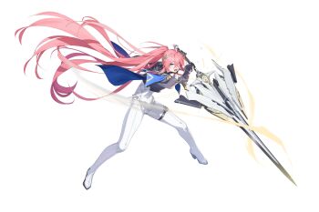 1girl ahoge aiguillette alpha_transparency diamond_cutout black_gloves blue_cape blue_eyes bodysuit bow cape cape_hold clothing_cutout commentary counter:side covered_navel cropped_jacket crossed_legs energy english_commentary epaulettes esterosa_de_chevalier floating_cape floating_hair full_body gloves gluteal_fold gold_trim hair_ornament hair_over_one_eye half_gloves head_tilt highres holding holding_sword holding_weapon long_hair looking_at_viewer official_alternate_hairstyle official_art open_mouth pink_hair ponytail purple_bow single_half_glove skindentation solo standing sword tachi-e thigh_strap transparent_background v-shaped_eyebrows very_long_hair watson_cross weapon white_bodysuit