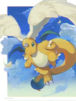 blue_sky claws closed_mouth cloud colored_skin dragon dragonite feathered_wings flying full_body gen_1_pokemon green_eyes head_wings highres horns leg_wings mega_dragonite mega_pokemon nintendo no_humans nomiyaria orange_skin pokemon pokemon_(creature) pokemon_focus single_horn sky solo tail wings
