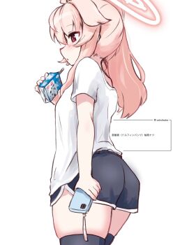 1girl ass black_thighhighs blue_archive blue_shorts blush cellphone drink_carton drinking_straw from_behind gym_uniform halo highres holding holding_juice_box juice_box kurosaki_kousuke long_hair milk_carton natsu_(blue_archive) phone pink_hair pink_halo red_eyes shirt short_shorts short_sleeves shorts side_ponytail smartphone solo thighhighs thighs white_shirt