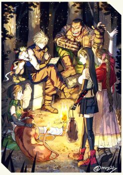 2boys 2others 3girls aerith_gainsborough arm_up armor asymmetrical_sleeves bag barret_wallace beard black_fur black_hair blonde_hair boots border box bracelet braid braided_ponytail breasts brown_hair brown_vest cait_sith_(final_fantasy) campfire camping cat closed_eyes closed_mouth cloud_strife commentary_request crop_top cropped_jacket cropped_sweater crown dark-skinned_male dark_skin dog_tags drawstring drawstring_bag dress earrings elbow_pads facial_hair final_fantasy final_fantasy_vii final_fantasy_vii_remake fingerless_gloves fire firewood flame-tipped_tail flamenco_dress forehead_protector forest gatling_gun gloves green_pants green_sweater hand_on_another&#039;s_back hand_on_own_chin highres holding holding_bag jacket jewelry large_breasts log long_dress long_hair low-tied_long_hair mini_crown mrg2by multiple_boys multiple_girls multiple_others nature on_box open_mouth orange_fur outdoors pants pink_dress prosthetic_weapon red_footwear red_jacket red_xiii shinra_infantry_uniform shirt short_hair shoulder_armor single_elbow_pad single_shoulder_pad sitting skirt sleeveless sleeveless_turtleneck sleeves_past_wrists spiked_hair standing suspender_skirt suspenders sweater tail tank_top taut_clothes taut_shirt teardrop_earrings thighhighs tifa_lockhart tiptoes torn_clothes torn_sleeves tree tri_drills turtleneck twitter_username two-tone_fur very_long_hair very_short_hair vest white_border white_tank_top wristband writing yuffie_kisaragi