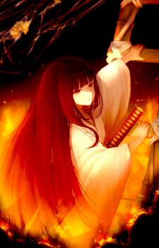 1girl bangohan_tsubuyakitarou black_background black_hair blurry blurry_background burning check_commentary climbing_ladder closed_mouth commentary commentary_request highres japanese_clothes katana kimono ladder limbus_company long_hair long_sleeves looking_at_viewer project_moon red_eyes ryoshu_(project_moon) silk solo spider_web sword weapon white_kimono wide_sleeves